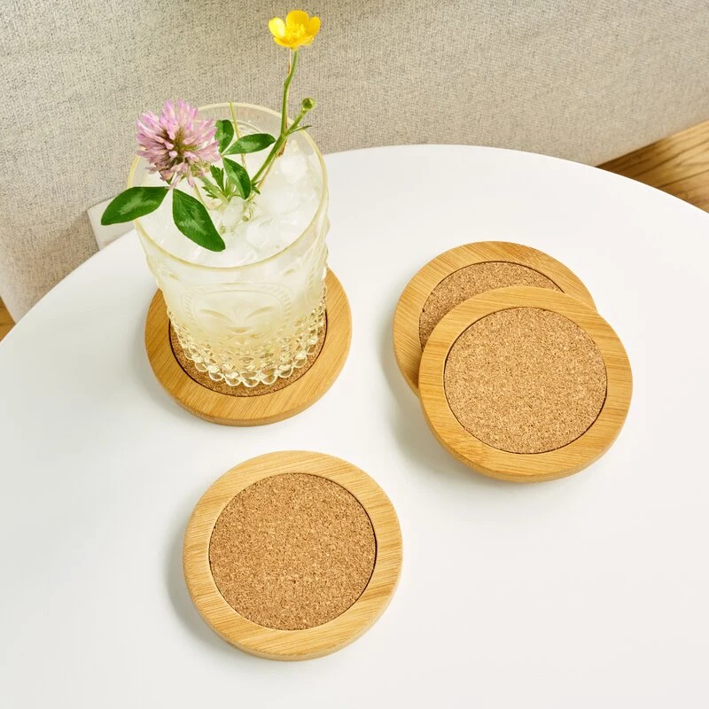 Eco-Friendly Household Items Wood Pad Tablemat Bamboo Cork Coaster Sets for Drinks Coffee Bar, with Holder