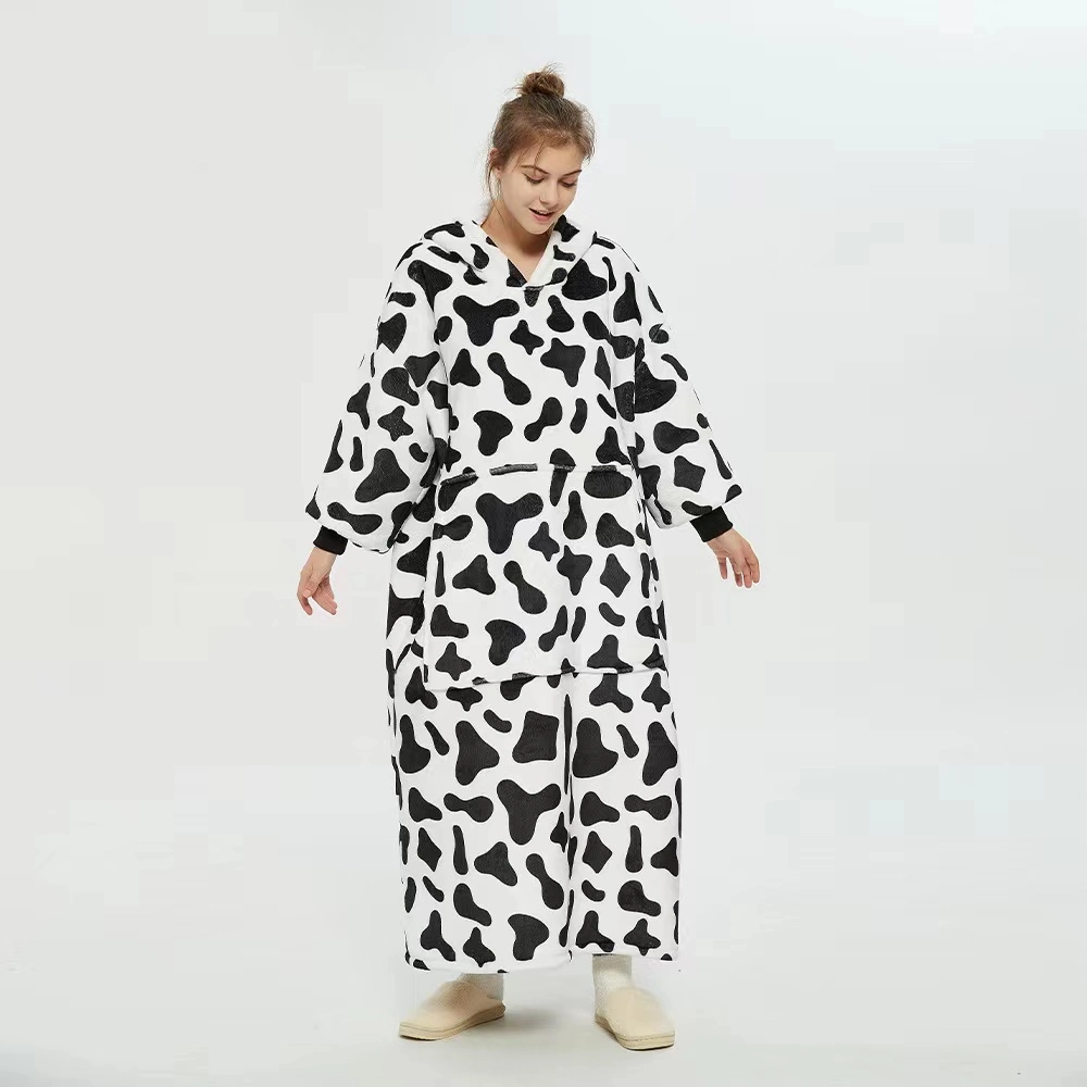 OEM Wholesale Animal Print Adult Sherpa Fleece Flannel Lazy TV Blanket Wearable Hooded Sweatshirt Hoodie Blanket