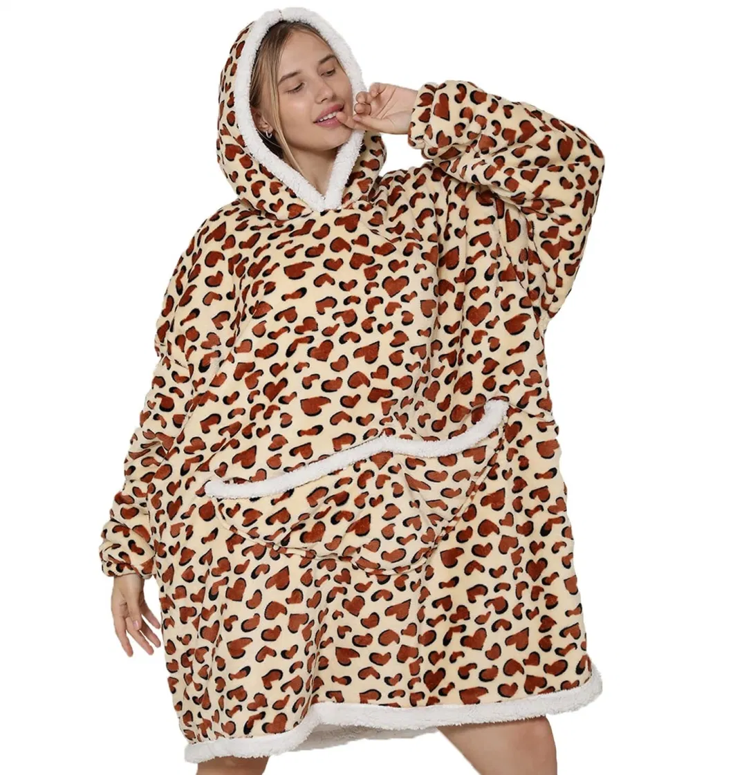 Wearable Blanket Leopard Hoodie Oversized Sherpa Blanket Hoodie Sweatshirt with Hood Pocket and Sleeves TV Blanket